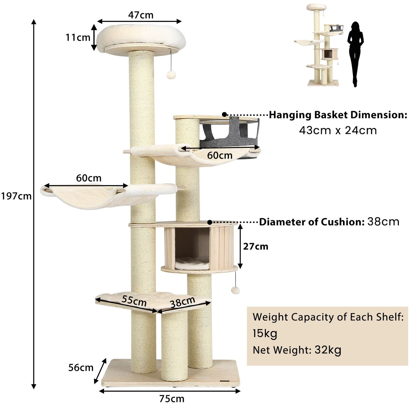 197 Cm Multi-Level Cat Tree Cat Tower for Play and Rest